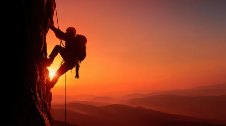 A daring climber ascends a rocky face, silhouetted by a breathtaking sunset that bathes the landscape in rich warm hues, symbolizing adventure and determination.の素材