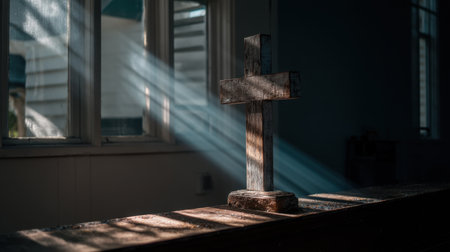 A serene image showcasing a wooden cross bathed in sunlight filtering through windows. The interplay of light and shadow evokes a sense of peace and spirituality.の素材