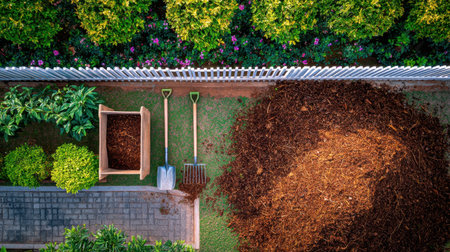 A vibrant aerial view showcasing essential garden tools, fresh mulch, and lush plants in a well-manicured backyard, perfect for landscaping enthusiasts.の素材