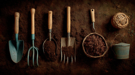 A captivating arrangement of essential garden tools rests on a rich soil surface, showcasing the craftsmanship of wooden handles and metal tips for gardening enthusiasts.の素材