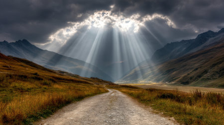 A breathtaking view of a mountain valley, featuring dramatic clouds and sun rays breaking through, creating an enchanting atmosphere perfect for inspiring travel and nature themes.の素材