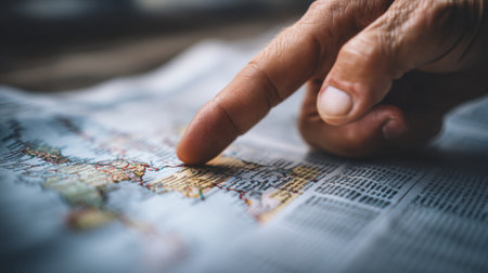 A close-up view of a finger resting on a map, illustrating the concept of travel planning and exploration, perfect for themes of adventure and navigation.の素材