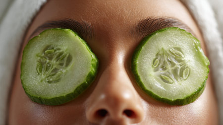 A close-up view of a person relaxing with cucumber slices on the eyes, perfect for a soothing spa experience and rejuvenating facial treatment.の素材