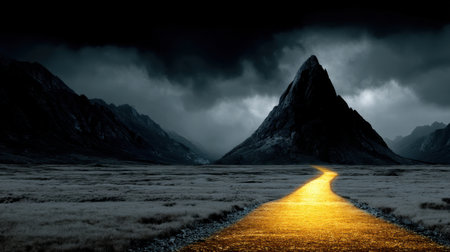 A mystical scene unfolds with a golden path winding through dark, towering mountains beneath a stormy sky, inviting adventurers to explore the beauty of this dramatic landscape.の素材