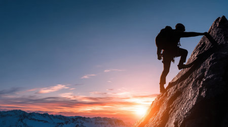 A dedicated climber makes a bold ascent on a rocky formation, framed by a stunning sunset that paints the landscape in warm hues, symbolizing adventure and determination.の素材
