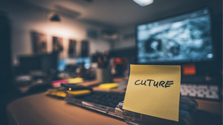 A vibrant office workspace featuring a sticky note labeled "Culture," symbolic of organizational values, creativity, and professional collaboration in a modern setting.の素材
