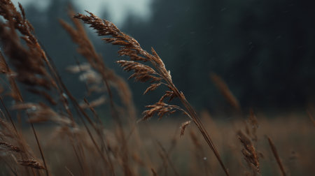 A serene close-up shot of tall grasses swaying in the rain, set against a dark forest backdrop. This image evokes feelings of tranquility and appreciation for natureの素材