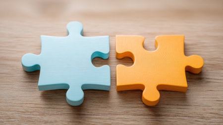 Two vibrant puzzle pieces, one blue and one orange, resting on a wooden surface, symbolize creativity and teamwork in a playful and engaging manner.の素材
