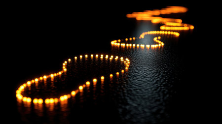 This striking image features glowing orange lights forming a curvy pattern against a dark surface, evoking a sense of movement and energy in a modern abstract style.の素材