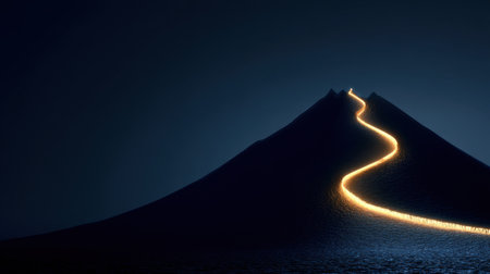 This stunning night landscape features a mountain with a glowing trail leading to its summit, set against a dark sky filled with stars, evoking a sense of mystique and tranquility.の素材