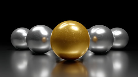 A captivating image of shiny metallic spheres with a striking golden sphere standing out among silver ones, set against a dark background for an elegant and modern feel.の素材