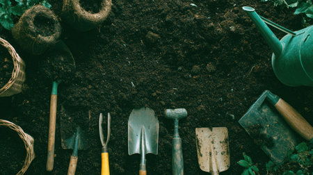 A collection of essential gardening tools on rich soil background. Includes various tools and a green bucket, perfect for gardening projects and outdoor activities.の素材