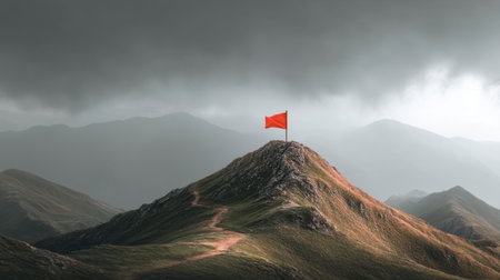 A striking mountain scene showcases a vibrant orange flag atop a dramatic peak, with dark clouds overhead and serene valleys, evoking a sense of adventure and solitude.の素材