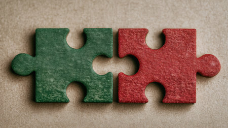 This image showcases a close-up view of a green and red puzzle piece fitting together on a neutral background, symbolizing unity, collaboration, and creative problem-solving.の素材