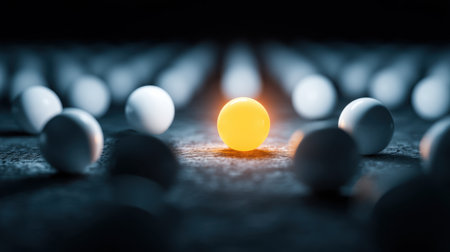 A vivid yellow sphere stands out among white spheres in a dark environment, showcasing individuality and focus, with soft lighting enhancing the abstract visual appeal.の素材