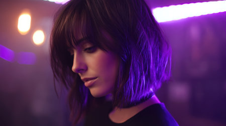 A striking portrait of a young woman with a trendy short hairstyle, captured in a dimly lit environment, surrounded by colorful and atmospheric lighting.の素材