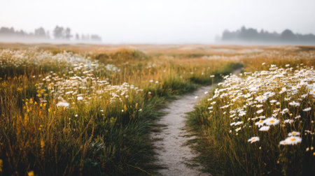 A tranquil meadow showcases vibrant wildflowers lining a soft pathway, enveloped in early morning mist, providing a perfect escape into nature's embrace and beauty.の素材