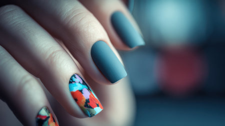 A beautifully captured close-up of a hand showcasing artistic nail art with a vibrant floral design, featuring a stylish matte finish, perfect for beauty enthusiasts.の素材