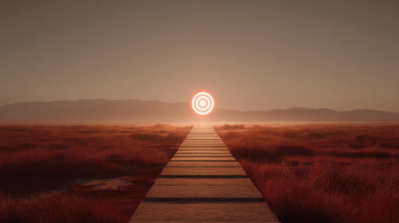 A captivating scene of a pathway leading to a vibrant sunset, set against a misty landscape. This image evokes feelings of tranquility and encourages a sense of exploration.の素材