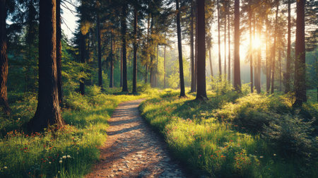 Experience the tranquility of a picturesque forest pathway where sunlight filters through tall trees, illuminating the lush greenery and inviting peaceful exploration.の素材