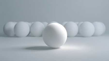 This captivating image showcases a minimalist arrangement of white spheres on a soft gray background. The focus on the foreground sphere creates a serene and elegant visual impact.の素材