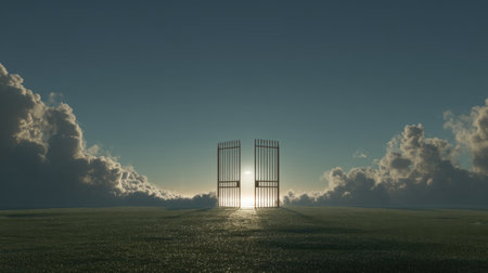 A pair of open gates stands against a breathtaking sky, embodying themes of hope and opportunity. The soft clouds and radiant light offer a magical ambiance.の素材