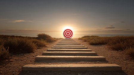 An inspiring path leads towards a large target symbol illuminated by the sunrise over a tranquil water landscape, representing the journey to achieve one's goals.の素材