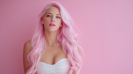 A stunning young woman with long pink hair and subtle makeup exudes confidence against a pastel pink backdrop, showcasing modern beauty trends and elegant style.の素材