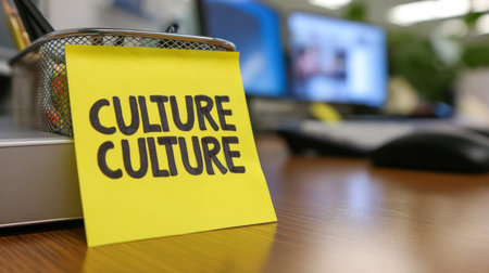 A vibrant yellow sticky note featuring the word "CULTURE" repeated, positioned on a desk amidst blurred office equipment, emphasizing a creative and motivating workspace.の素材