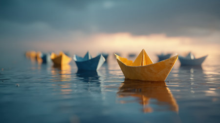 A captivating scene of paper boats gracefully floating on calm water at sunset. The vibrant colors of the boats contrast beautifully with the serene backdrop.の素材