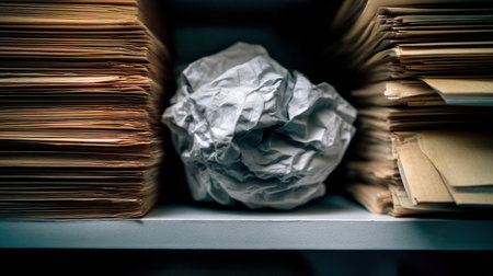 A crumpled piece of paper lies at the center of a disorganized office shelf, surrounded by neatly stacked file folders, representing the struggle of maintaining order in workspaces.の素材