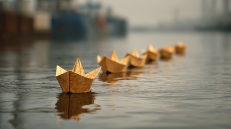 Delightful scene of paper boats gently floating on calm water, creating a sense of tranquility and evoking cherished childhood memories of playful moments.の素材