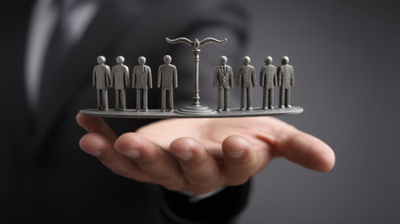 A hand holds a scale featuring figures, symbolizing the balance of justice in society. This image captures themes of equality, decision-making, and ethical governance.の素材