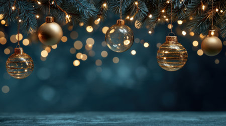 Beautiful Christmas ornaments elegantly hang from pine branches, illuminated by soft glowing lights. This image captures the spirit of holiday celebrations with warmth and charm.の素材