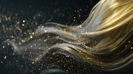 Experience the captivating beauty of flowing golden hair illuminated by sparkling glitter, set against a dark background, perfect for artistic and fashion-inspired projects.の素材