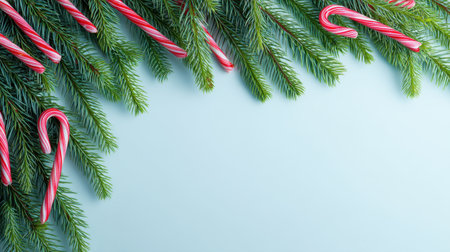 A charming composition featuring vibrant candy canes nestled among fresh evergreen branches with a soft blue background, ideal for holiday celebrations and decorations.の素材