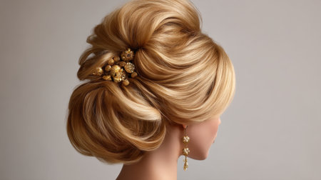 Beautifully styled blonde hair features an elegant updo adorned with intricate gold accessories, showcasing artistry and sophistication against a soft backdrop.の素材