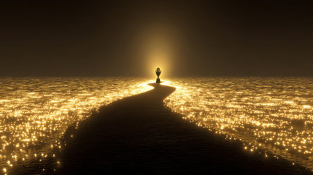 A mesmerizing golden pathway stretches toward a trophy, surrounded by sparkling lights that evoke feelings of success, achievement, and inspiration in a dreamy landscape.の素材
