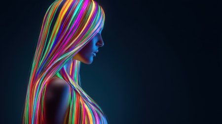 A captivating profile portrait featuring vibrant neon hair flowing in a dark backdrop. The striking colors create a stunning visual contrast, representing creativity and modern aesthetics.の素材