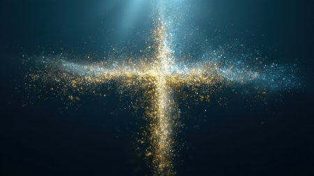This stunning abstract image showcases a shimmering cross created with golden and blue light particles on a dark background, perfect for inspirational and religious themes.の素材