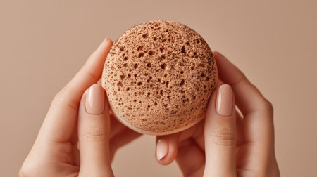 A close-up image showcasing a natural konjac sponge held delicately in hands, set against a soft beige background, perfect for skincare and wellness themes.の素材