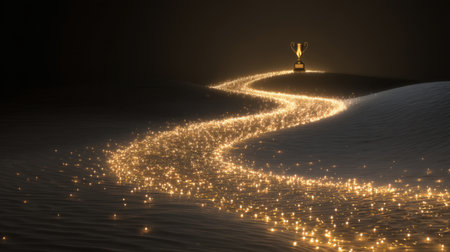 A golden trophy sits atop a shimmering pathway of sparkling lights in a serene desert landscape, creating a dreamlike ambiance that signifies achievement and inspiration.の素材