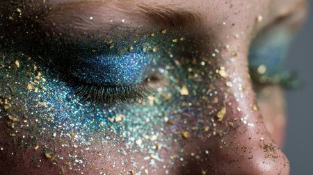 This image features a stunning close-up of artistic makeup highlighted by blue glitter and gold speckles. It captures the intricate details of beauty and expression.の素材