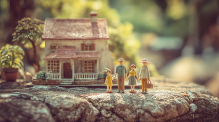 A charming miniature scene portraying a family of four standing by their tiny house, set in a beautiful outdoor environment that emphasizes harmony and joy.の素材