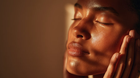 A tranquil portrait of a woman enjoying a peaceful moment while reflecting in warm sunlight. Her closed eyes and relaxed expression evoke feelings of serenity and beauty.の素材