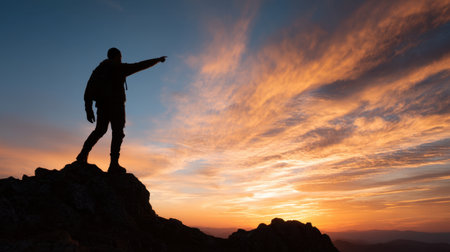 A captivating silhouette of a hiker standing on a rugged mountain peak, pointing towards the horizon, beautifully framed by a colorful sunset sky and wispy clouds.の素材
