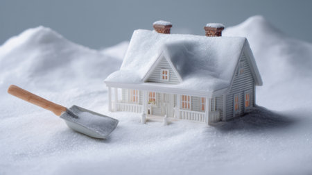 A captivating image of a miniature house blanketed in snow, featuring a shovel beside it. This charming scene encapsulates the beauty of winter while evoking the comfort of home.の素材