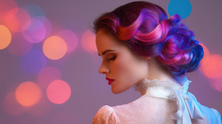 A stunning profile of a woman with colorful hair, beautifully styled against a dreamy bokeh background, exuding elegance and creativity in fashion and beauty.の素材