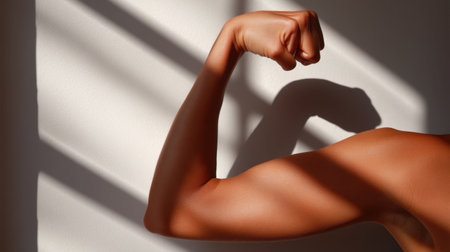 A close-up of a muscular arm flexing under soft natural light and dramatic shadows, embodying strength, resilience, and determination in a fitness context.の素材