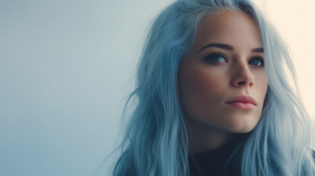 A captivating portrait of a young woman with light blue hair, exuding serenity and beauty. The soft background enhances her striking features and expression.の素材